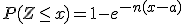 P(Z\leq x)=1-e^{-n(x-a)}